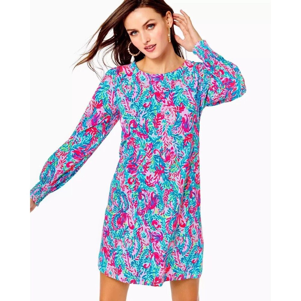 Lilly Pulitzer Diann Long Sleeve Mini Dress Smocked Printed Cotton Xs New 272590